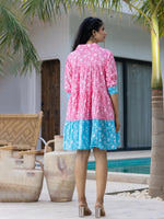 Thumbnail for Yufta Pink & Sky Blue Pure Cotton Colour Blocking Dress