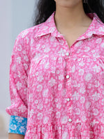 Thumbnail for Yufta Pink & Sky Blue Pure Cotton Colour Blocking Dress