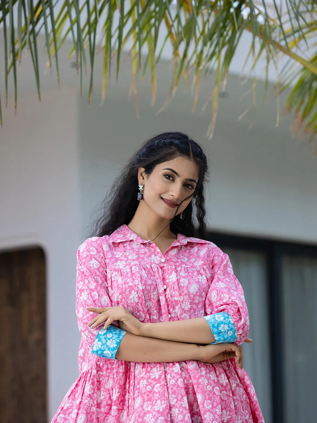 Yufta Pink & Sky Blue Pure Cotton Colour Blocking Dress
