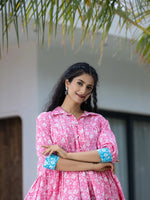 Thumbnail for Yufta Pink & Sky Blue Pure Cotton Colour Blocking Dress
