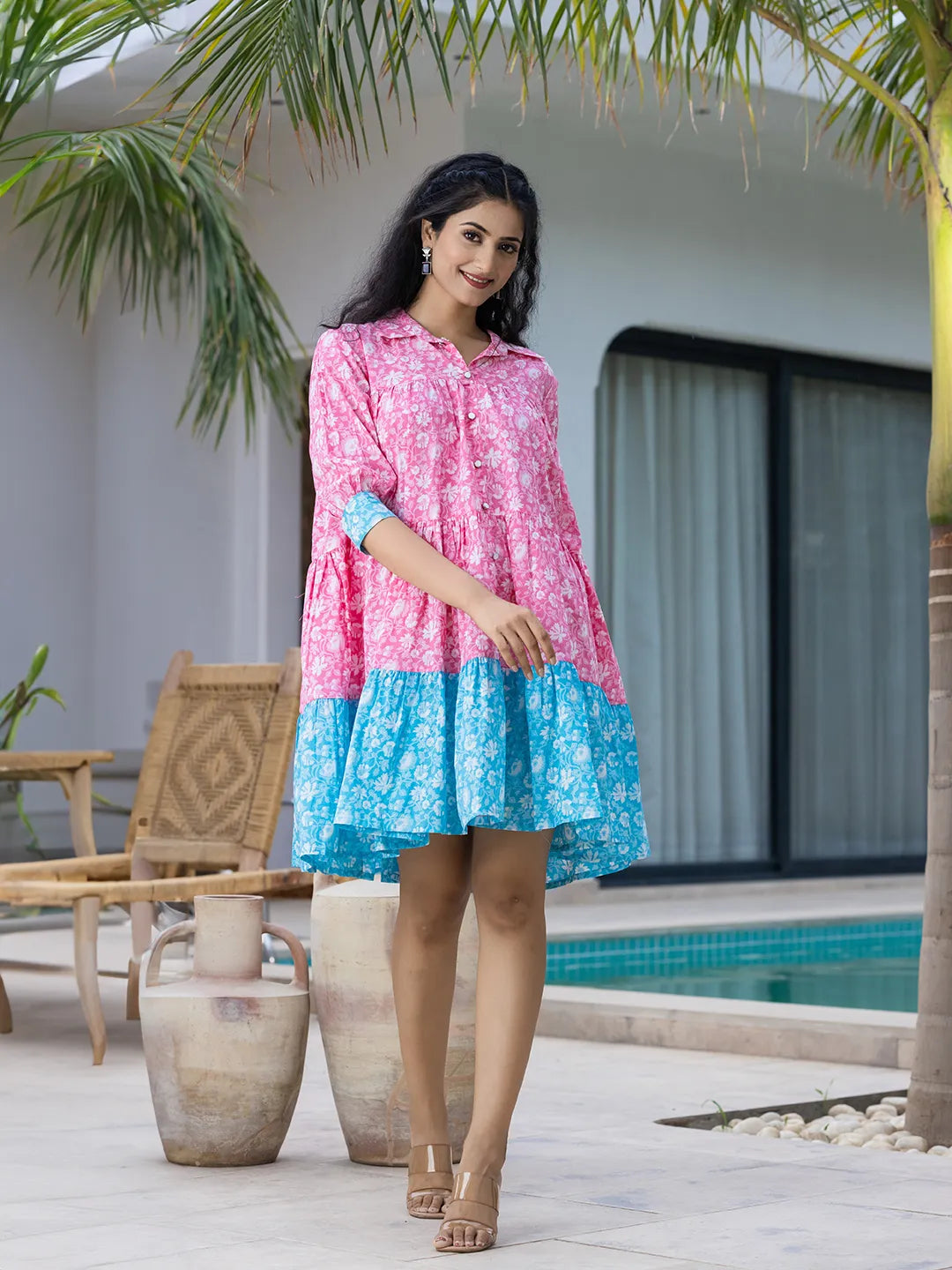 Yufta Pink & Sky Blue Pure Cotton Colour Blocking Dress