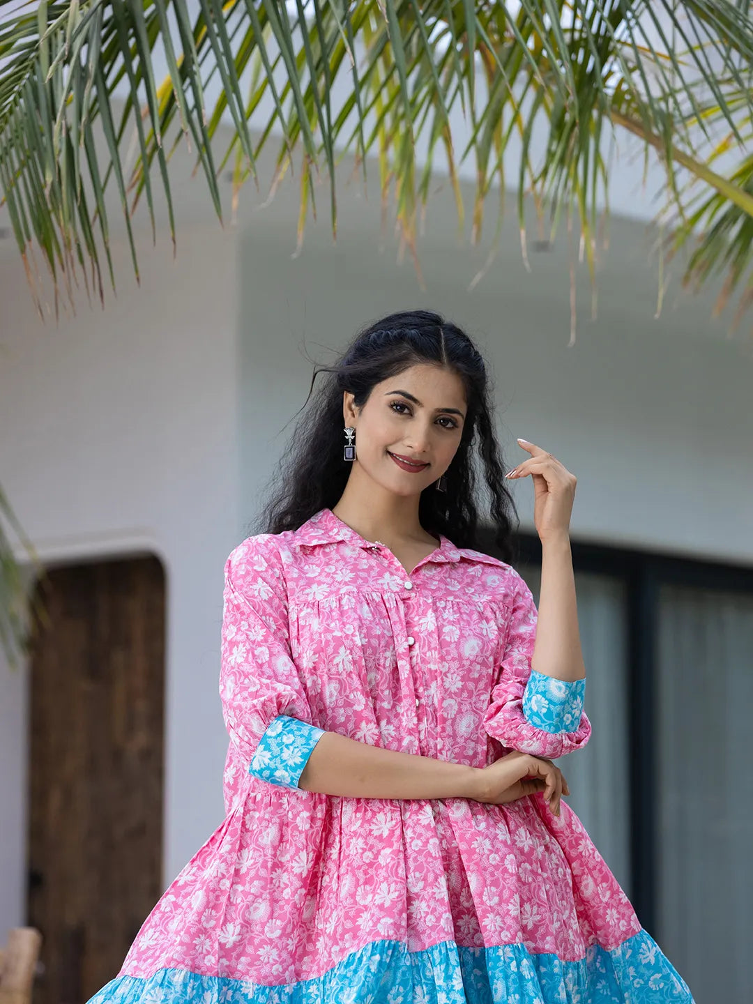 Yufta Pink & Sky Blue Pure Cotton Colour Blocking Dress