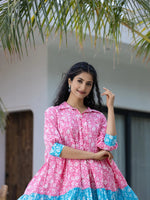 Thumbnail for Yufta Pink & Sky Blue Pure Cotton Colour Blocking Dress