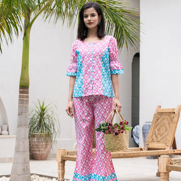 Yufta Pink & Sky Blue Colour Blocking Co Ord Set - Distacart