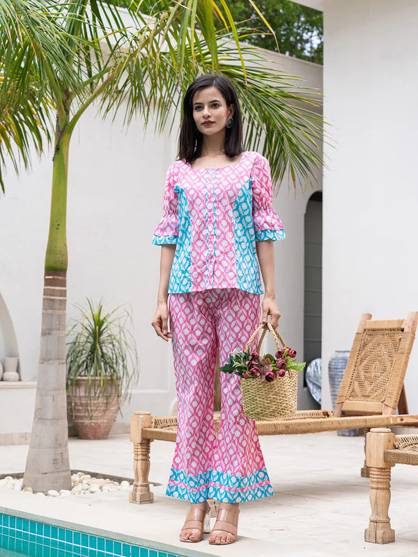 Yufta Pink & Sky Blue Colour Blocking Co Ord Set
