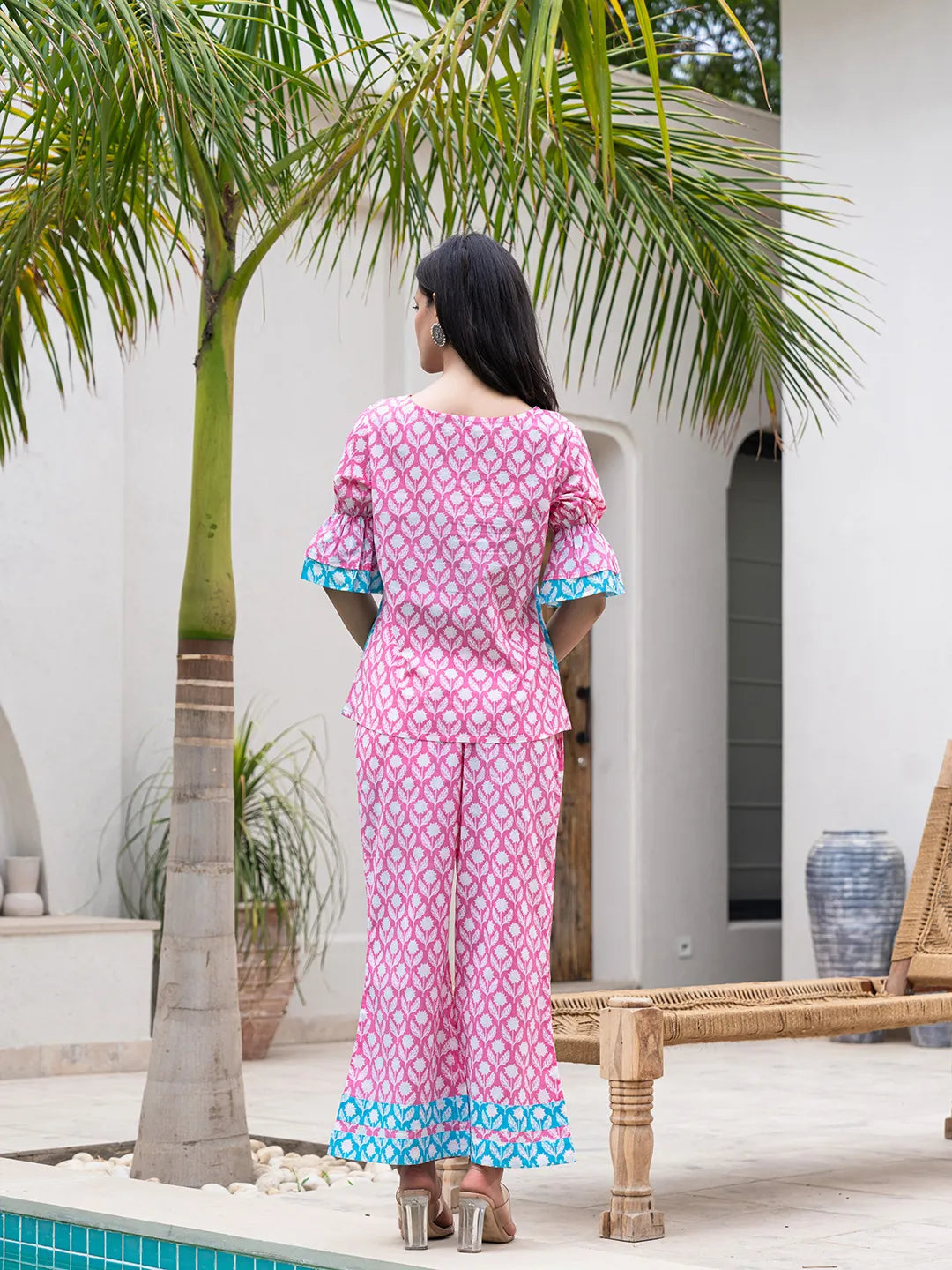 Yufta Pink & Sky Blue Colour Blocking Co Ord Set