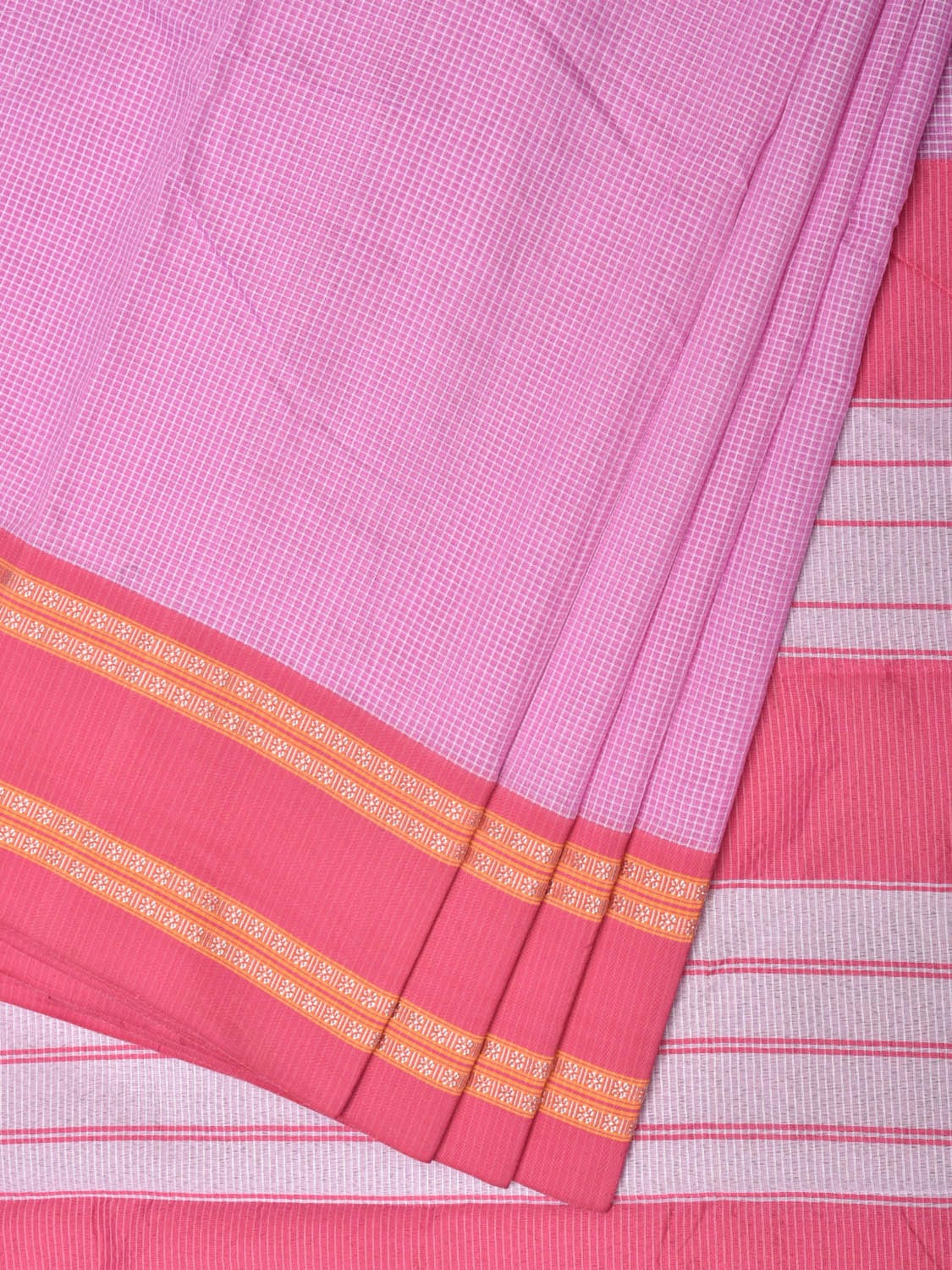 Pink Bamboo Cotton Saree with Small Checks Design No Blouse - Global Threads - Distacart