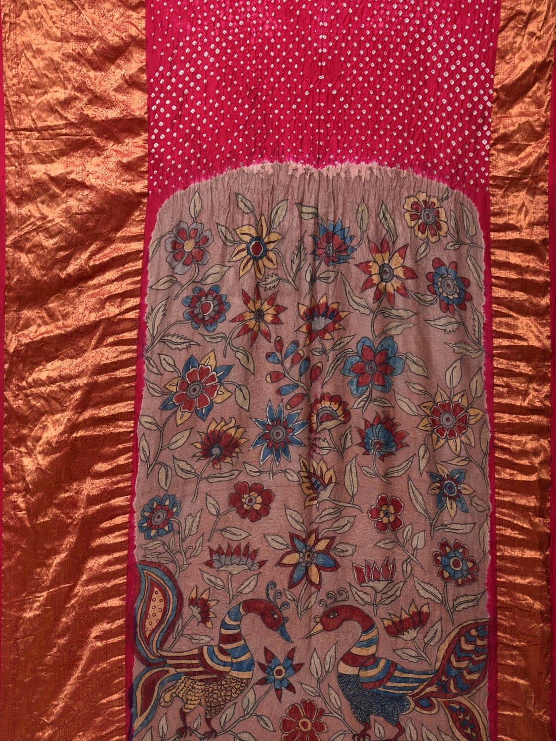 Pink Bandhani Kanchipuram Silk Handloom Saree with Kalamkari Pallu and Blouse Design - Global Threads - Distacart