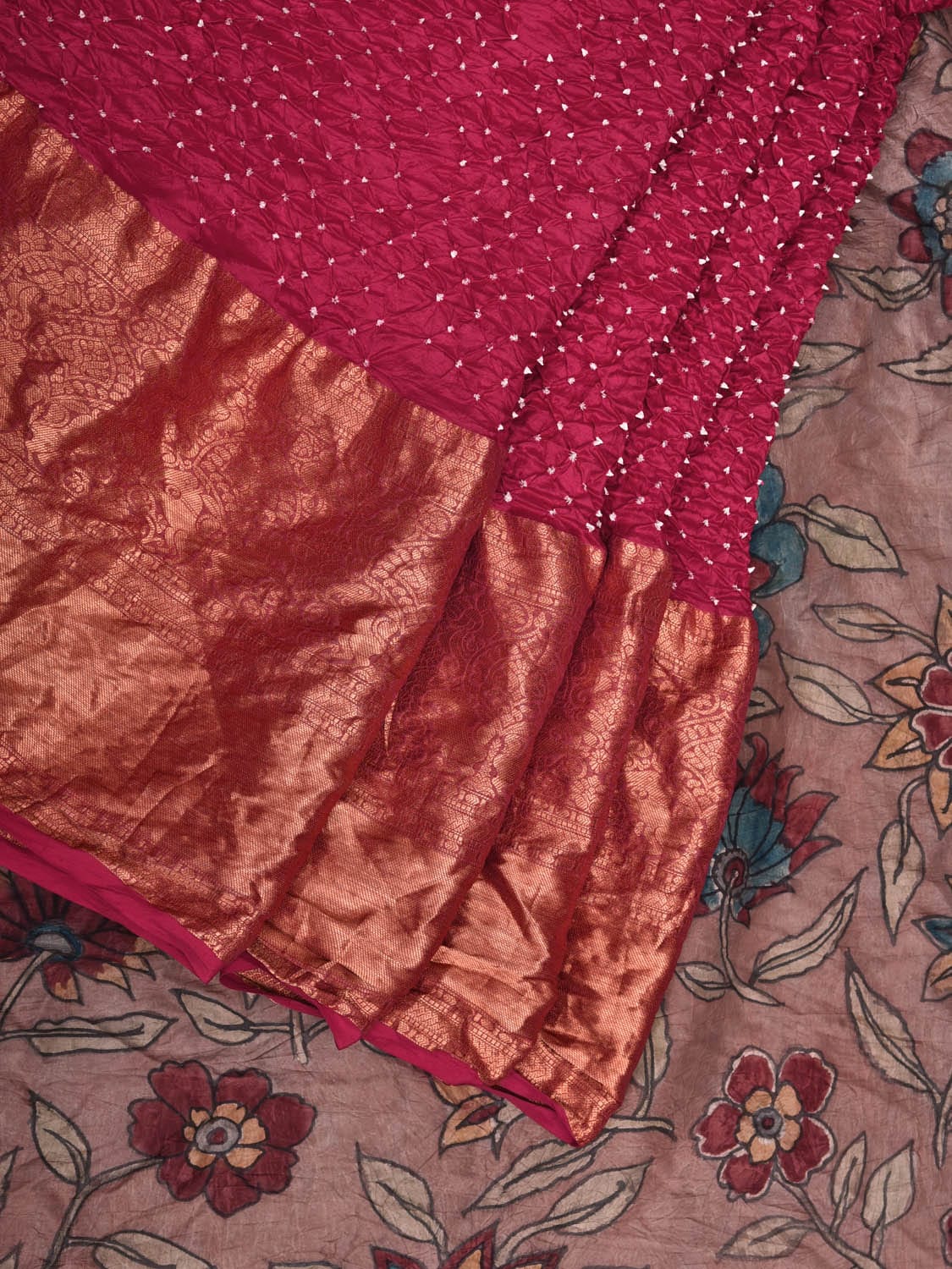 Pink Bandhani Kanchipuram Silk Handloom Saree with Kalamkari Pallu and Blouse Design - Global Threads - Distacart