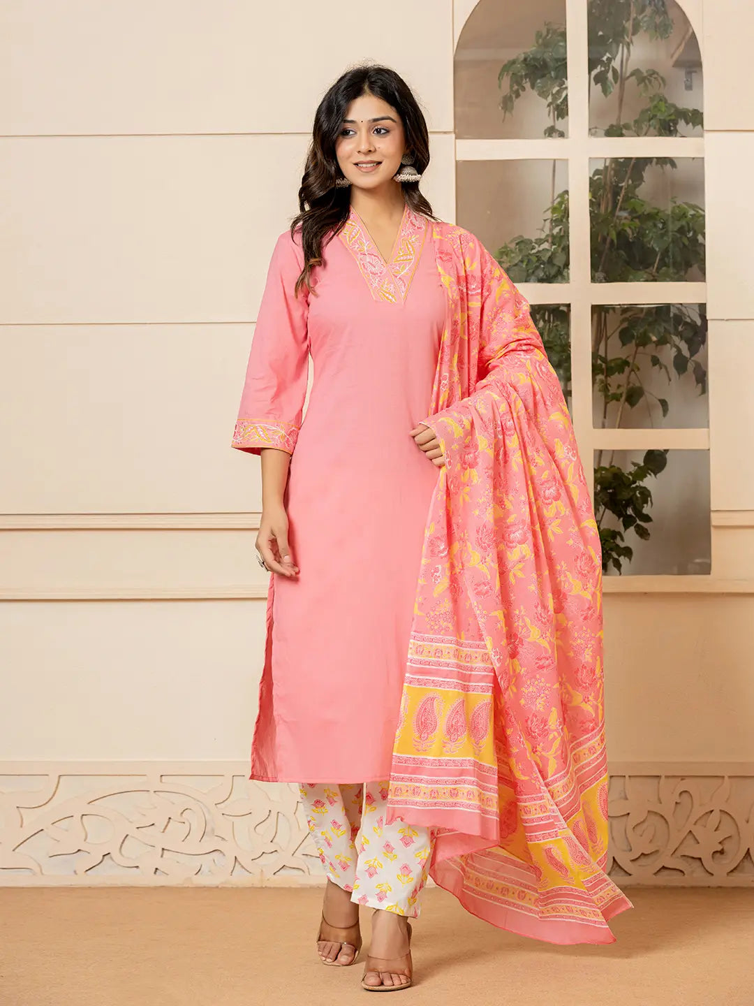 Yufta Pink Cotton Embroidered Kurta Dupatta Set - Distacart