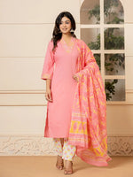 Thumbnail for Yufta Pink Cotton Embroidered Kurta Dupatta Set - Distacart