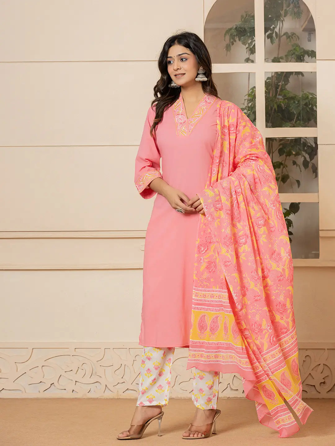 Yufta Pink Cotton Embroidered Kurta Dupatta Set - Distacart