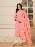 Thumbnail for Yufta Pink Cotton Embroidered Kurta Dupatta Set - Distacart