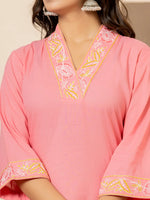 Thumbnail for Yufta Pink Cotton Embroidered Kurta Dupatta Set - Distacart