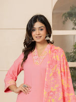 Thumbnail for Yufta Pink Cotton Embroidered Kurta Dupatta Set - Distacart