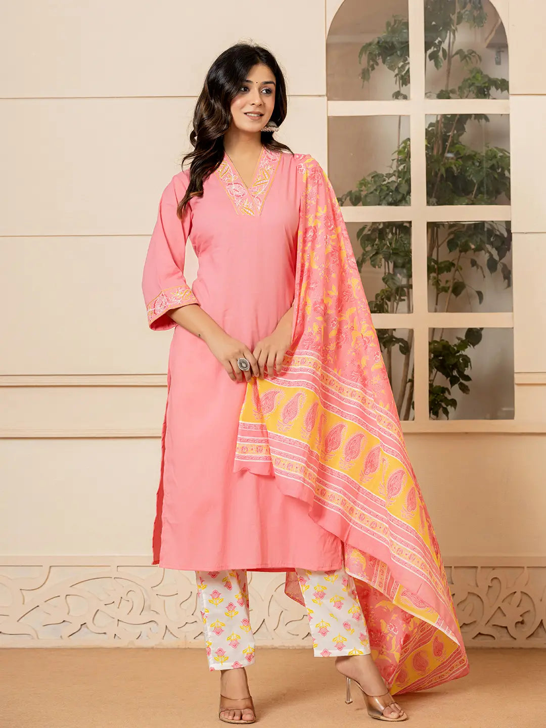 Yufta Pink Cotton Embroidered Kurta Dupatta Set - Distacart