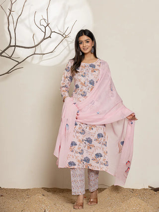 Yufta Pink Cotton Floral Print Kurta Dupatta Set - Distacart