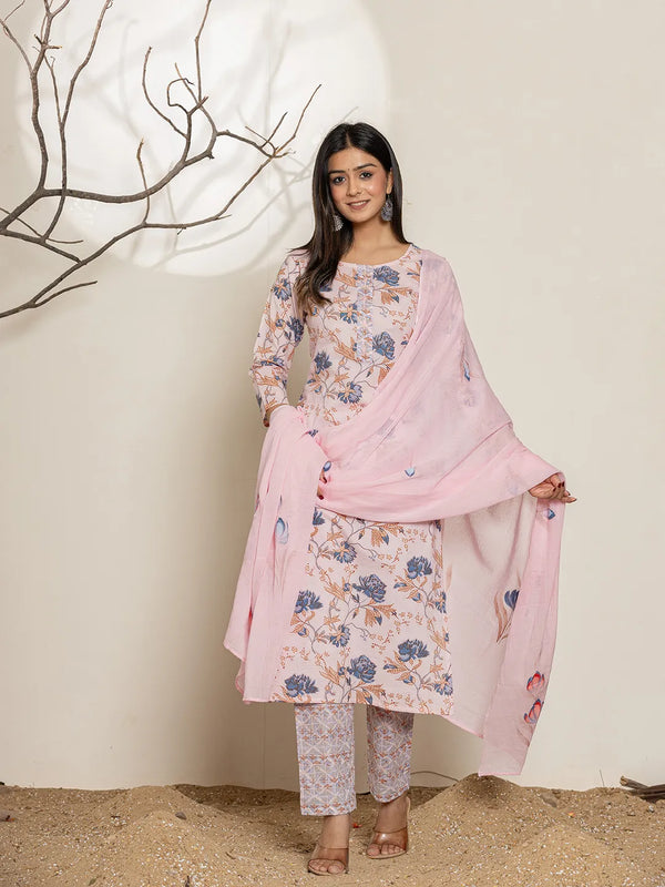 Yufta Pink Cotton Floral Print Kurta Dupatta Set - Distacart