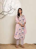 Thumbnail for Yufta Pink Cotton Floral Print Kurta Dupatta Set - Distacart