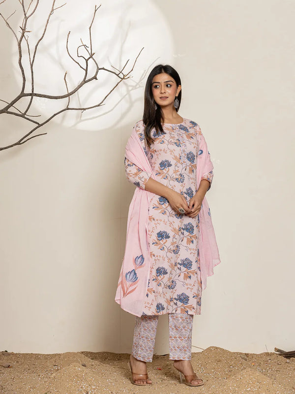 Yufta Pink Cotton Floral Print Kurta Dupatta Set - Distacart
