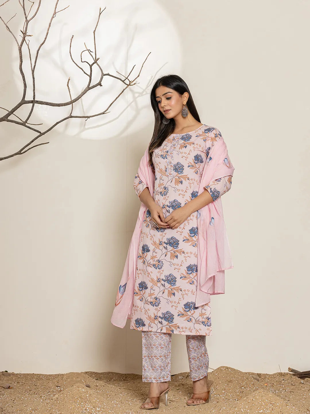 Yufta Pink Cotton Floral Print Kurta Dupatta Set - Distacart