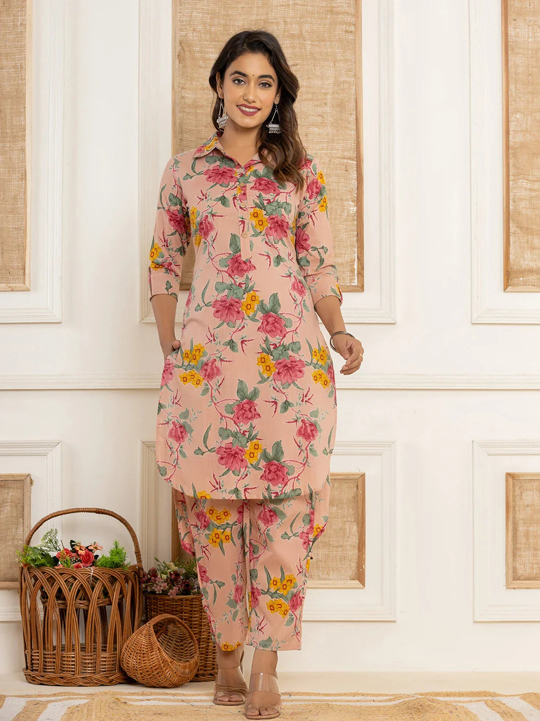 Yufta Pink Cotton Floral Print Striped Print Co-Ord Set - Distacart