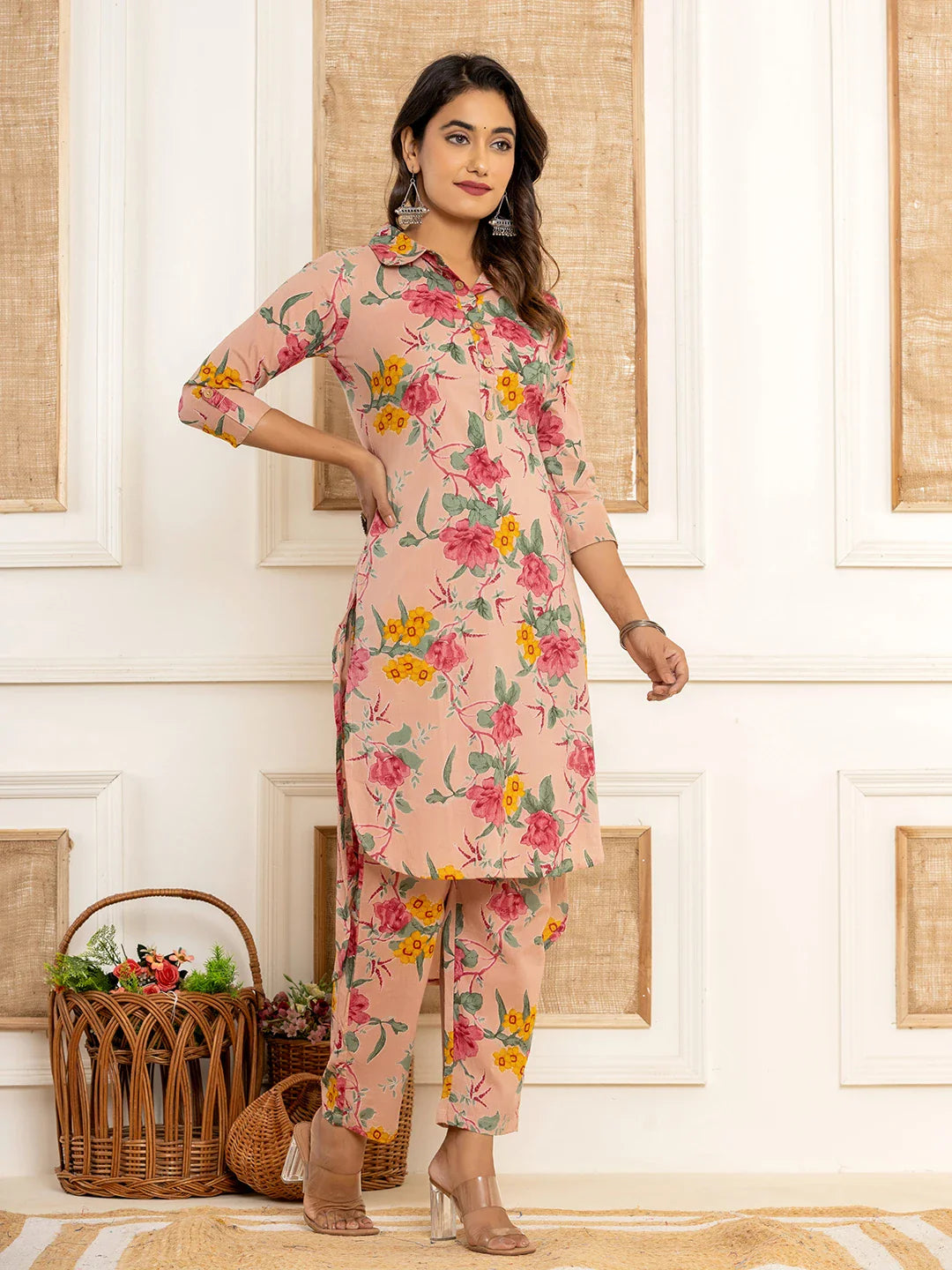 Yufta Pink Cotton Floral Print Striped Print Co-Ord Set