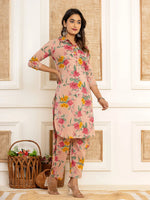 Thumbnail for Yufta Pink Cotton Floral Print Striped Print Co-Ord Set