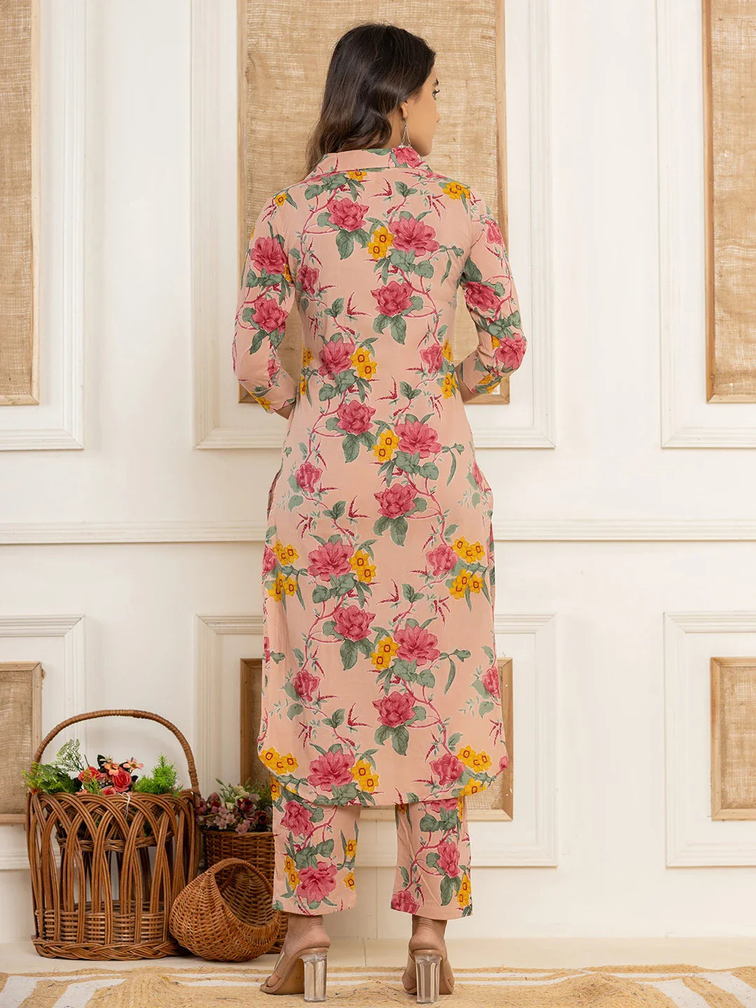 Yufta Pink Cotton Floral Print Striped Print Co-Ord Set - Distacart