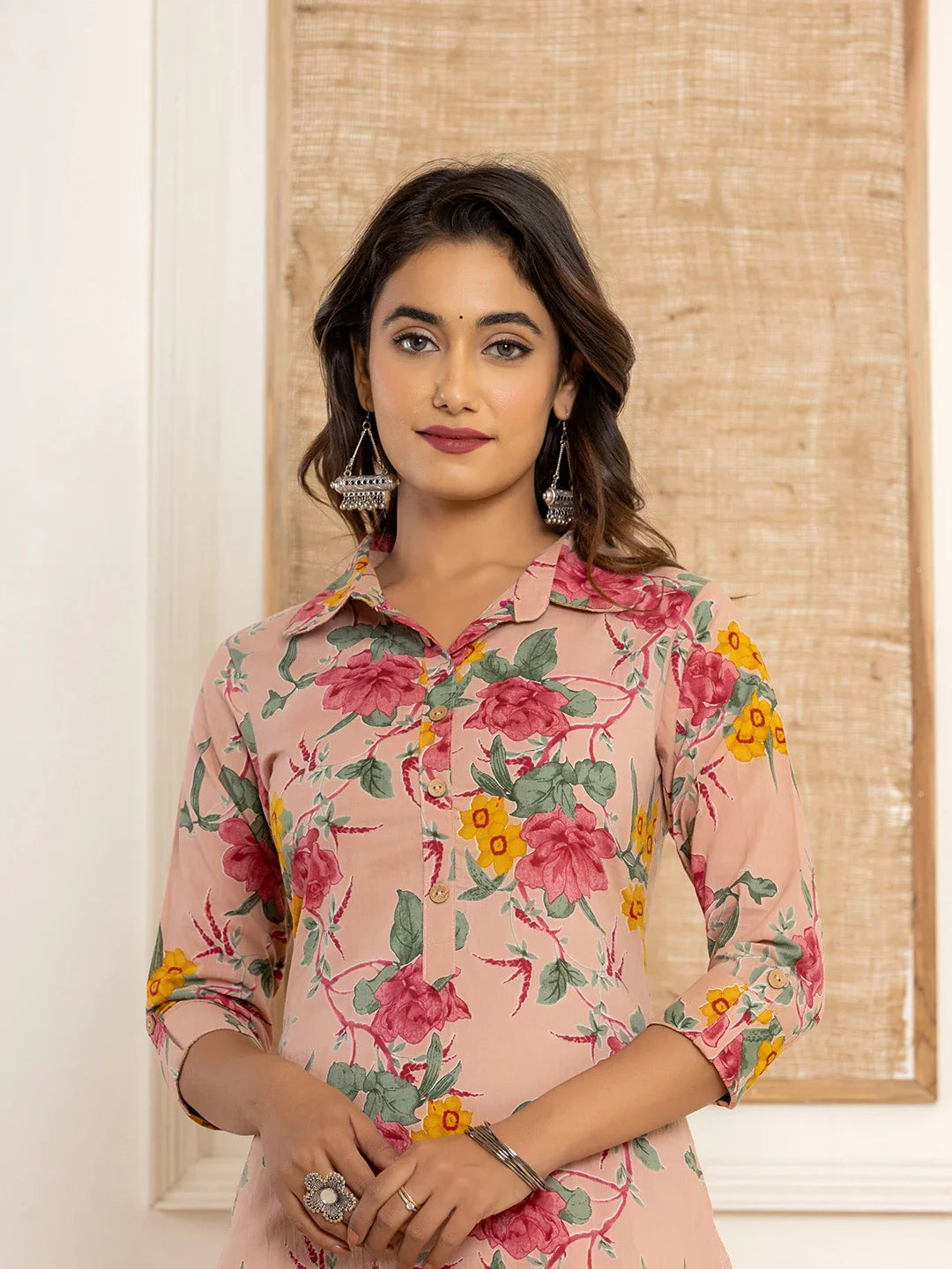 Yufta Pink Cotton Floral Print Striped Print Co-Ord Set