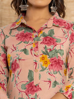 Thumbnail for Yufta Pink Cotton Floral Print Striped Print Co-Ord Set