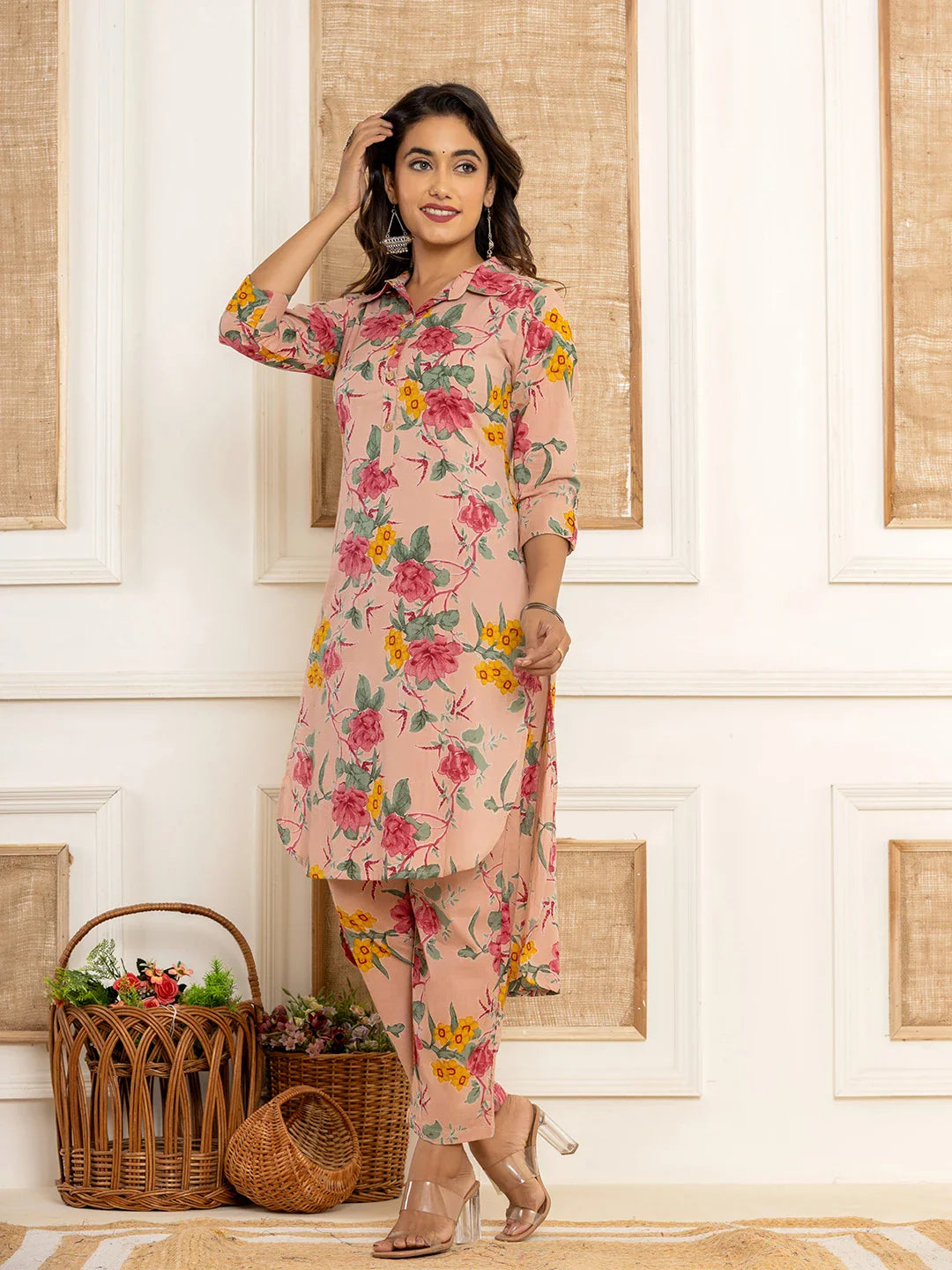 Yufta Pink Cotton Floral Print Striped Print Co-Ord Set