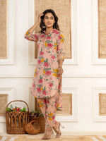 Thumbnail for Yufta Pink Cotton Floral Print Striped Print Co-Ord Set