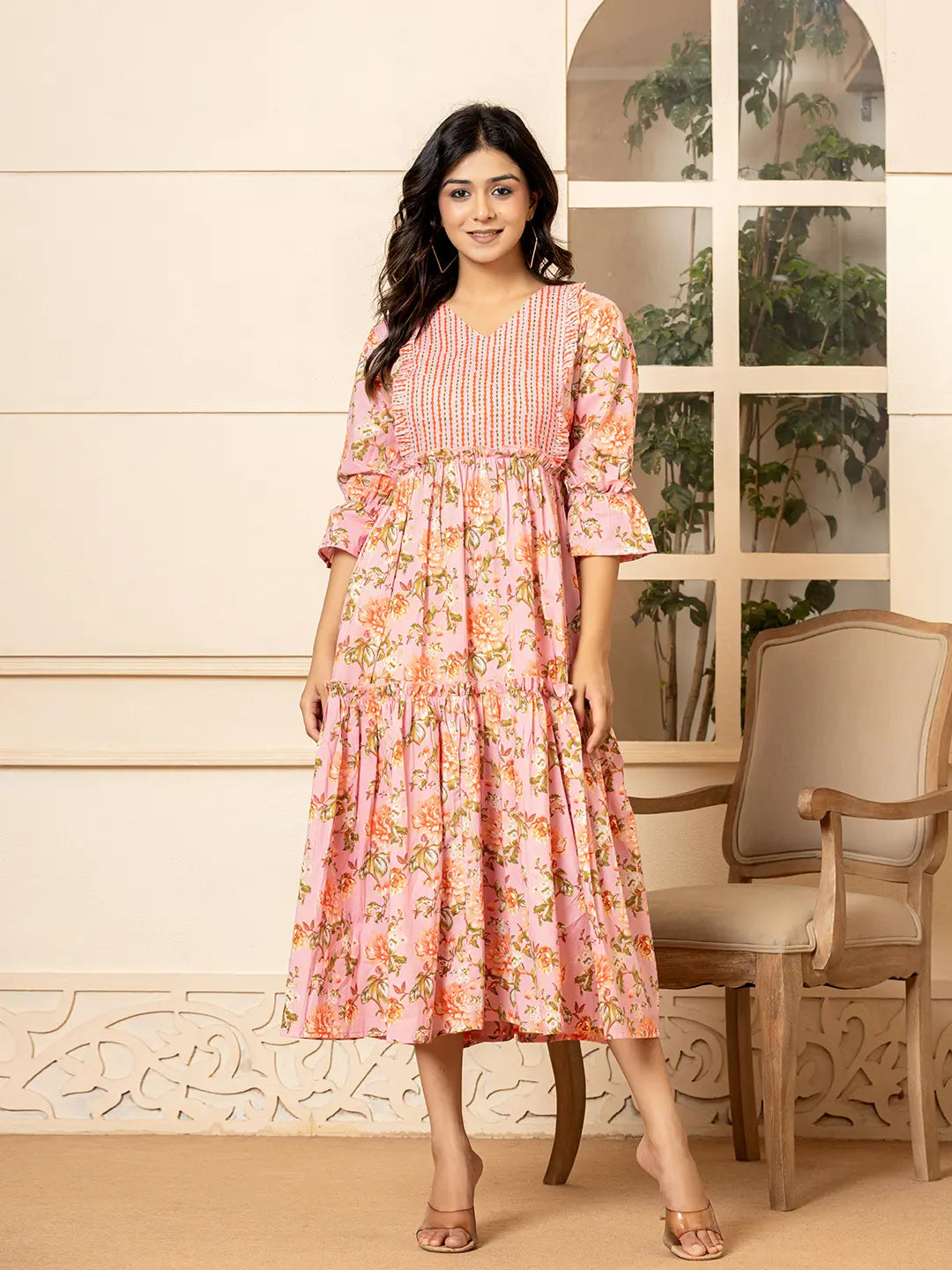 Yufta Pink Cotton Floral Print Tiered Dress With Ruffles - Distacart
