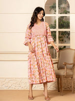 Thumbnail for Yufta Pink Cotton Floral Print Tiered Dress With Ruffles - Distacart