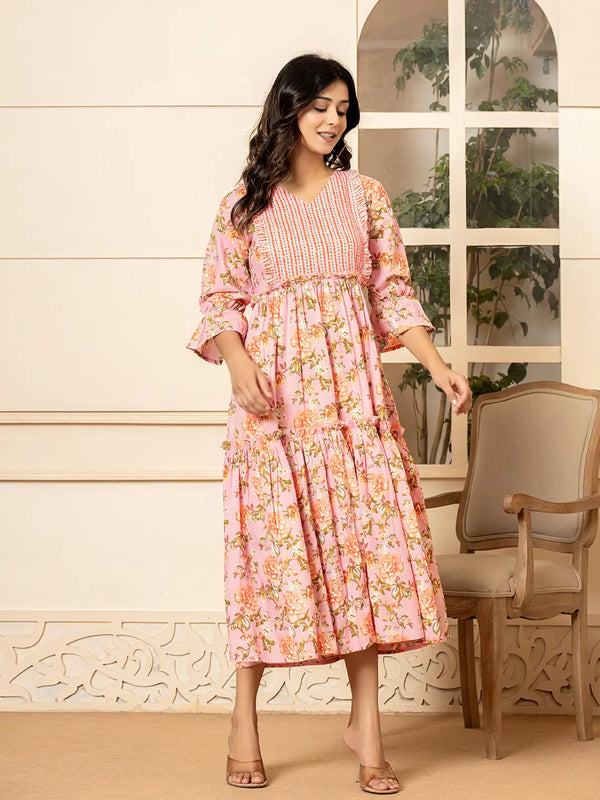 Yufta Pink Cotton Floral Print Tiered Dress With Ruffles - Distacart