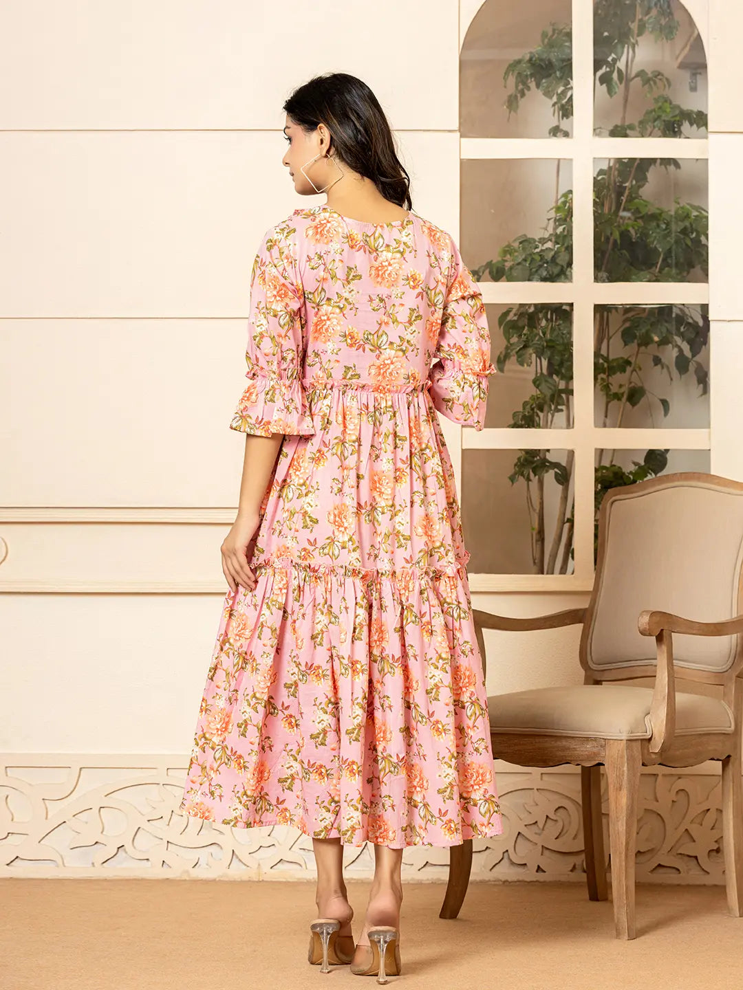 Yufta Pink Cotton Floral Print Tiered Dress With Ruffles - Distacart
