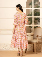 Thumbnail for Yufta Pink Cotton Floral Print Tiered Dress With Ruffles - Distacart