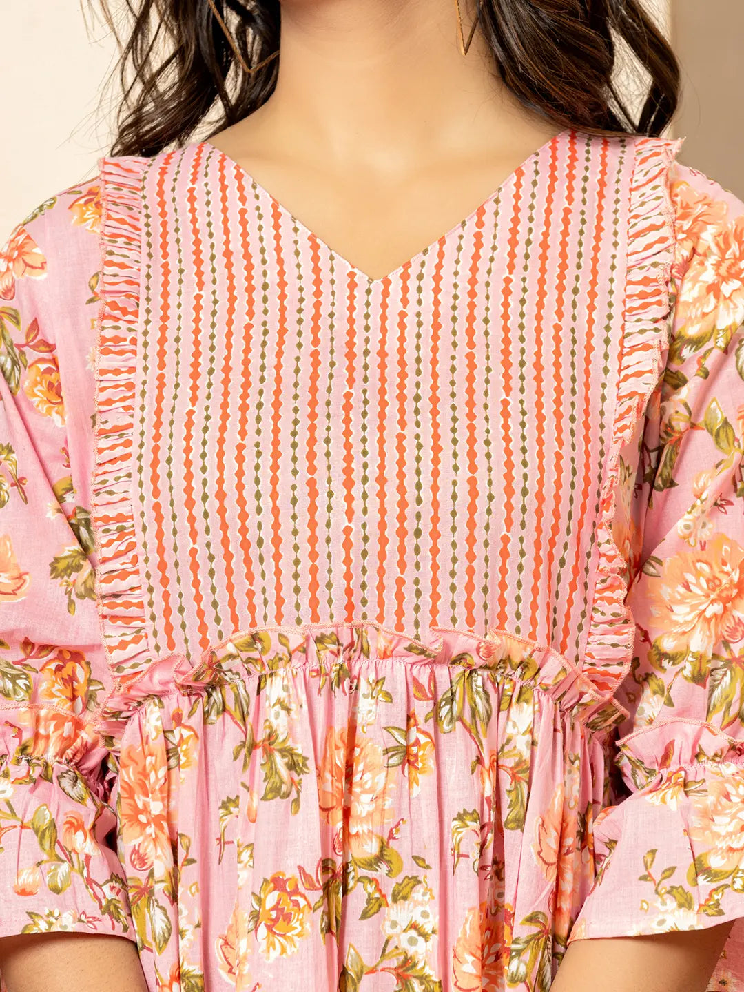 Yufta Pink Cotton Floral Print Tiered Dress With Ruffles - Distacart