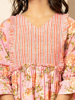 Thumbnail for Yufta Pink Cotton Floral Print Tiered Dress With Ruffles - Distacart