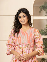 Thumbnail for Yufta Pink Cotton Floral Print Tiered Dress With Ruffles - Distacart