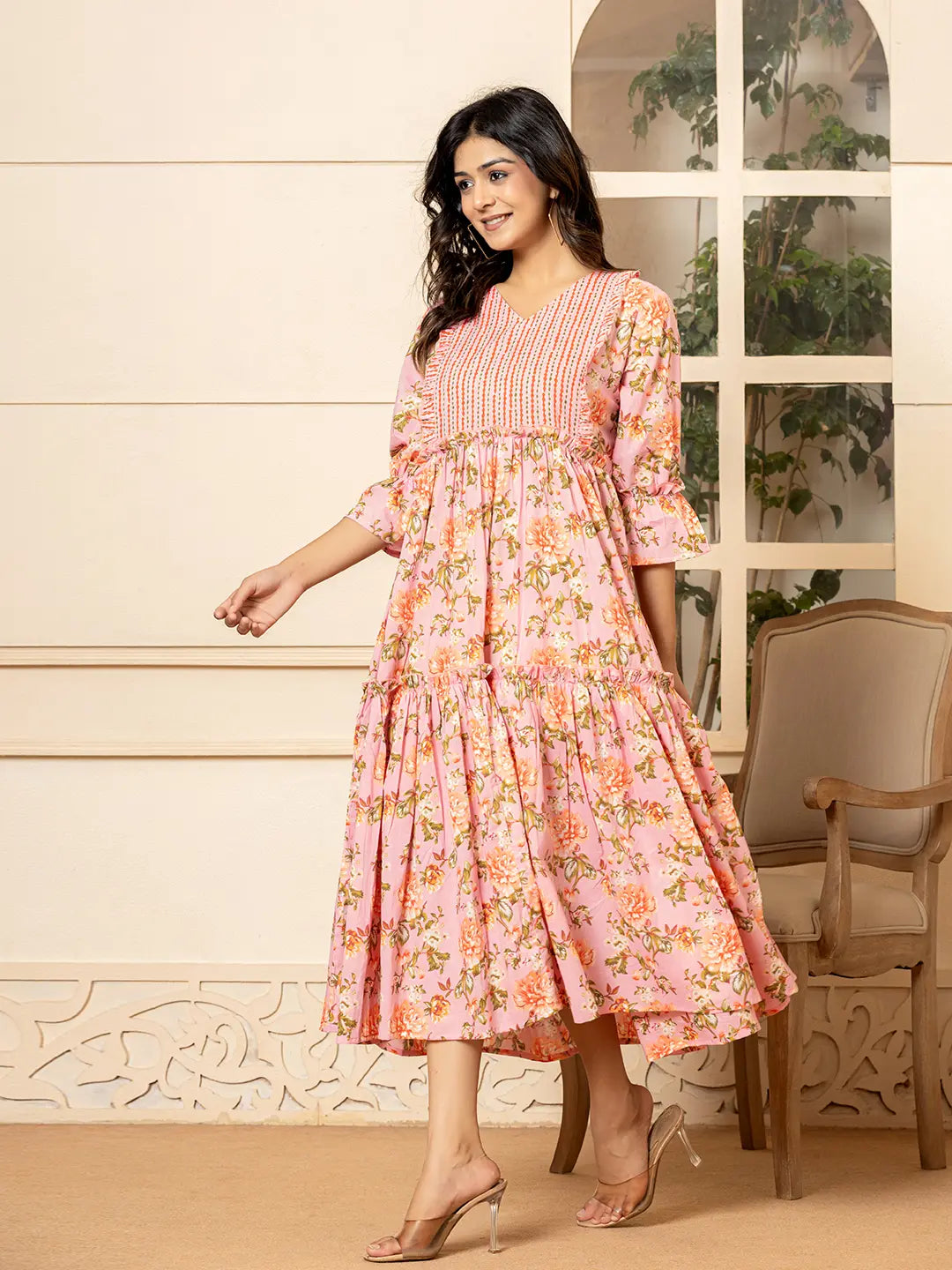 Yufta Pink Cotton Floral Print Tiered Dress With Ruffles - Distacart