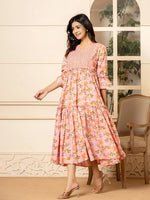 Thumbnail for Yufta Pink Cotton Floral Print Tiered Dress With Ruffles - Distacart