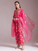 Thumbnail for Yufta Pink Cotton Lace Work Kurta Set With Pant Dupatta