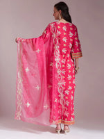 Thumbnail for Yufta Pink Cotton Lace Work Kurta Set With Pant Dupatta
