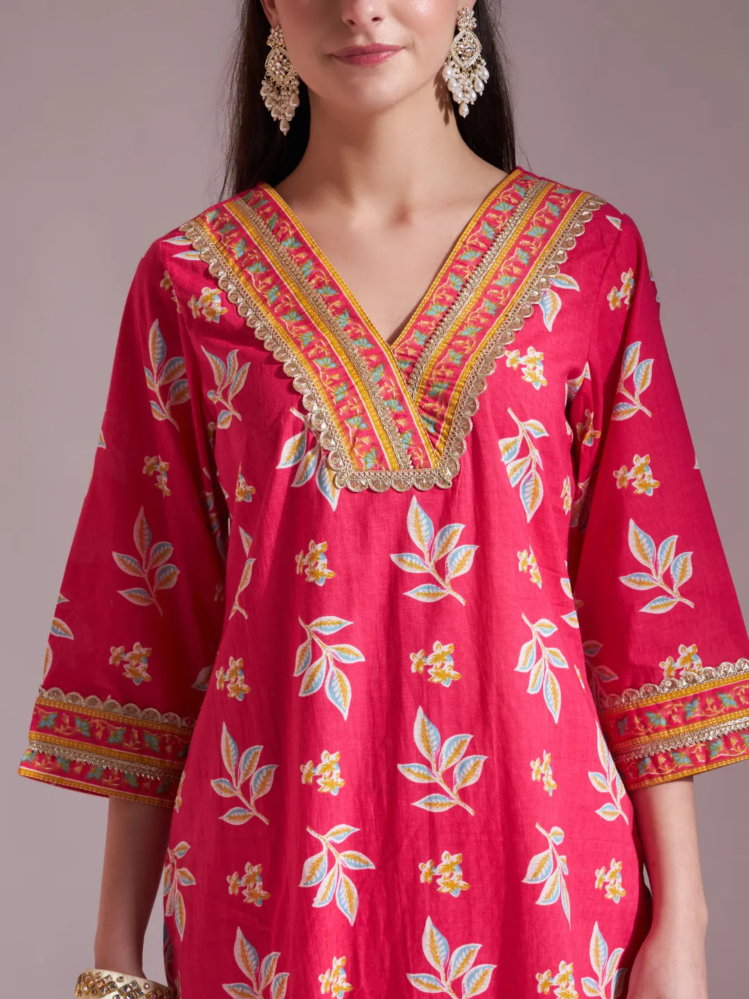 Yufta Pink Cotton Lace Work Kurta Set With Pant Dupatta