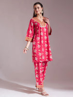 Thumbnail for Yufta Pink Cotton Lace Work Kurta Set With Pant Dupatta