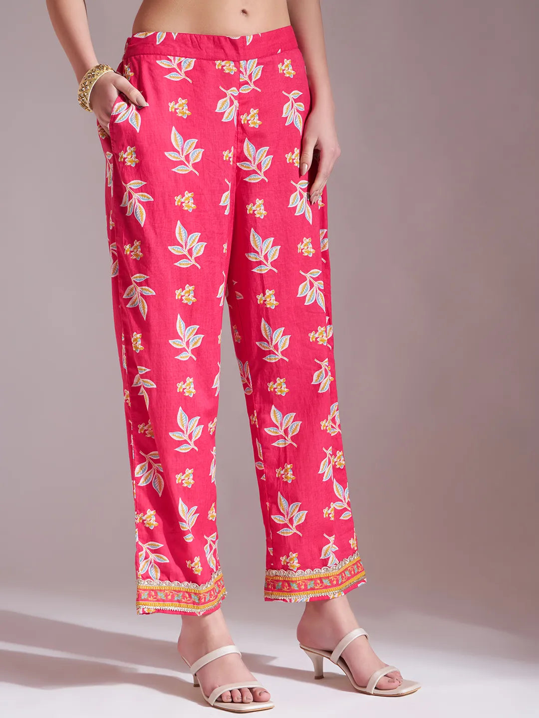Yufta Pink Cotton Lace Work Kurta Set With Pant Dupatta