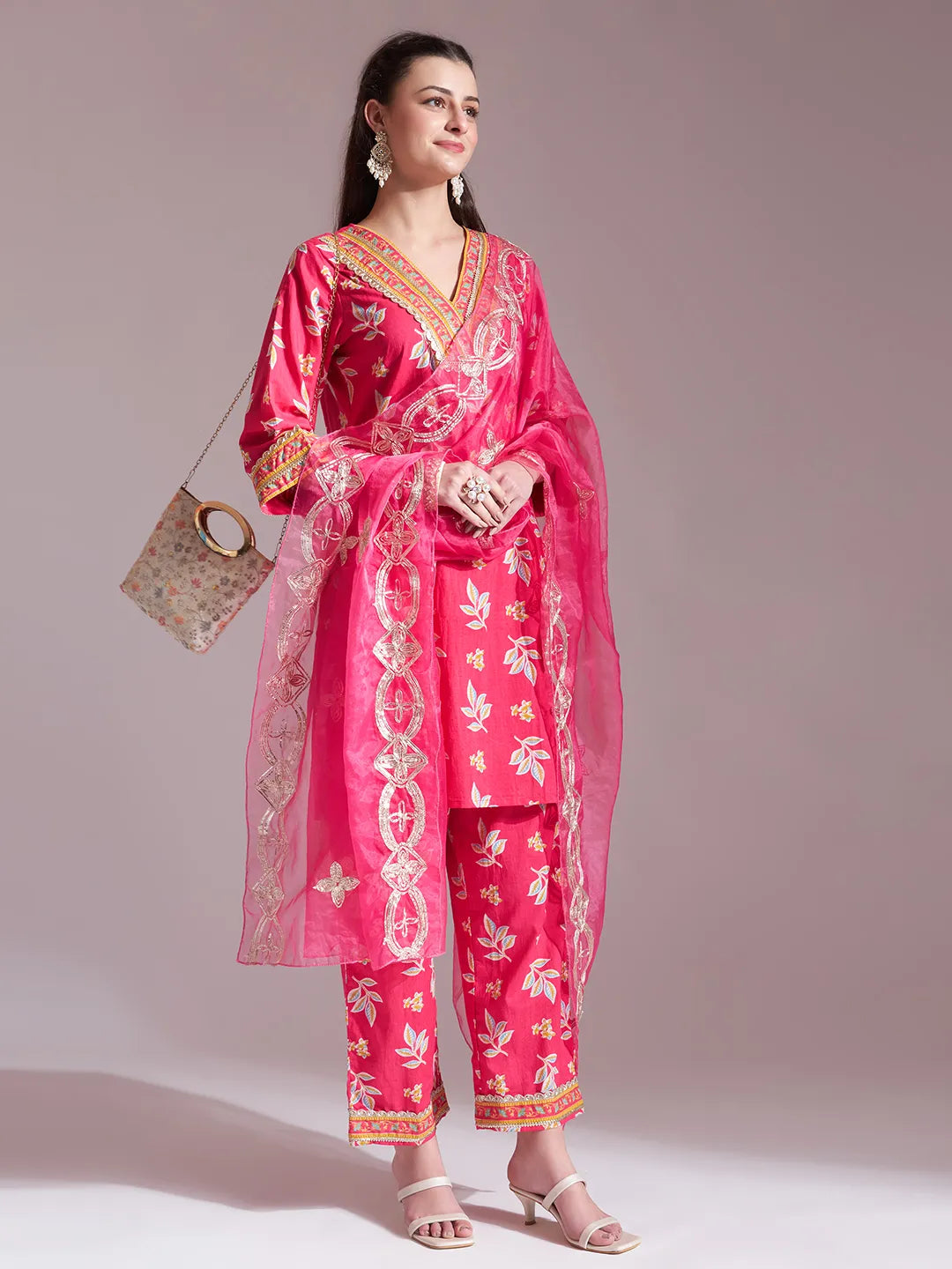 Yufta Pink Cotton Lace Work Kurta Set With Pant Dupatta
