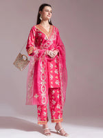 Thumbnail for Yufta Pink Cotton Lace Work Kurta Set With Pant Dupatta